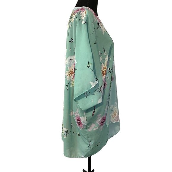 DAVi & DANI Floral Kimono Green Semi Sheer Open Front Oversized - Picture 3 of 8